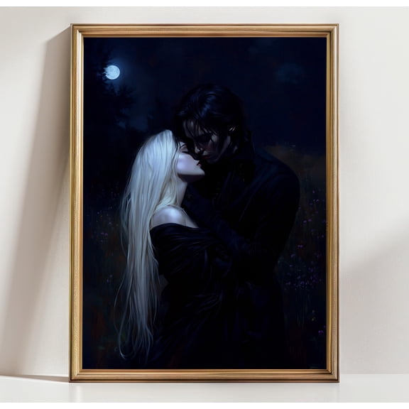 Dark Gothic Romance Wall Art Print, Moonlit Couple Painting, Moody Fantasy Love Decor, Vampire Inspired Artwork, Gothic Poster , Poster Print Only