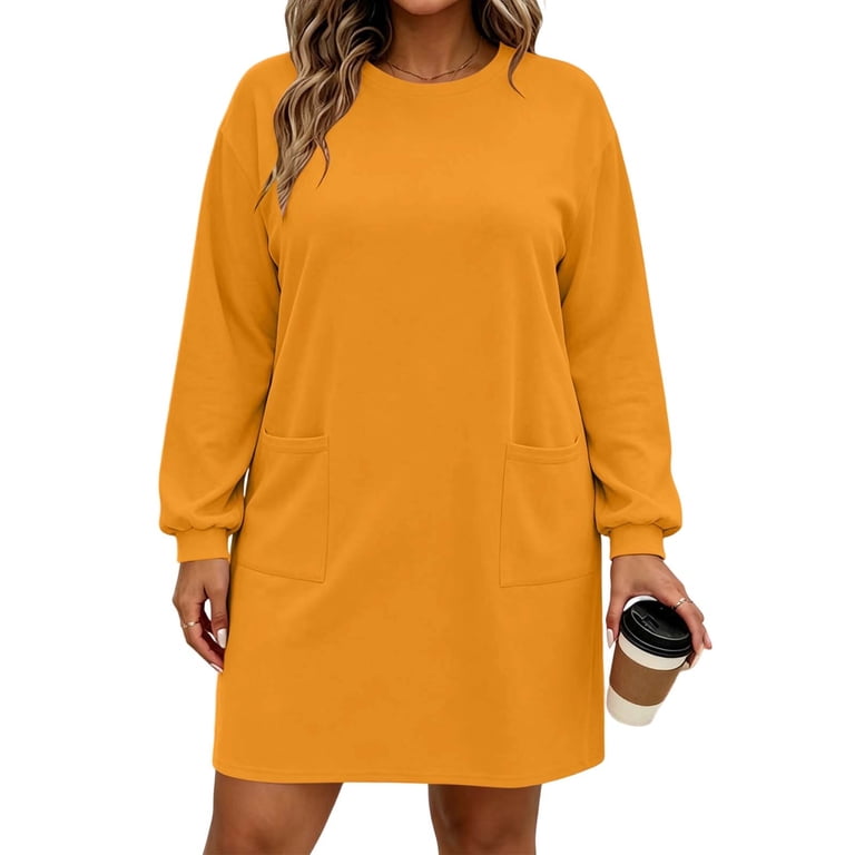 Women's Casual T Shirt Dress Long Sleeve Crewneck Loose Fit Winter Mini Dress with Pockets Soft Lightweight Comfortable Daily Wear for Home Travel Shopping
