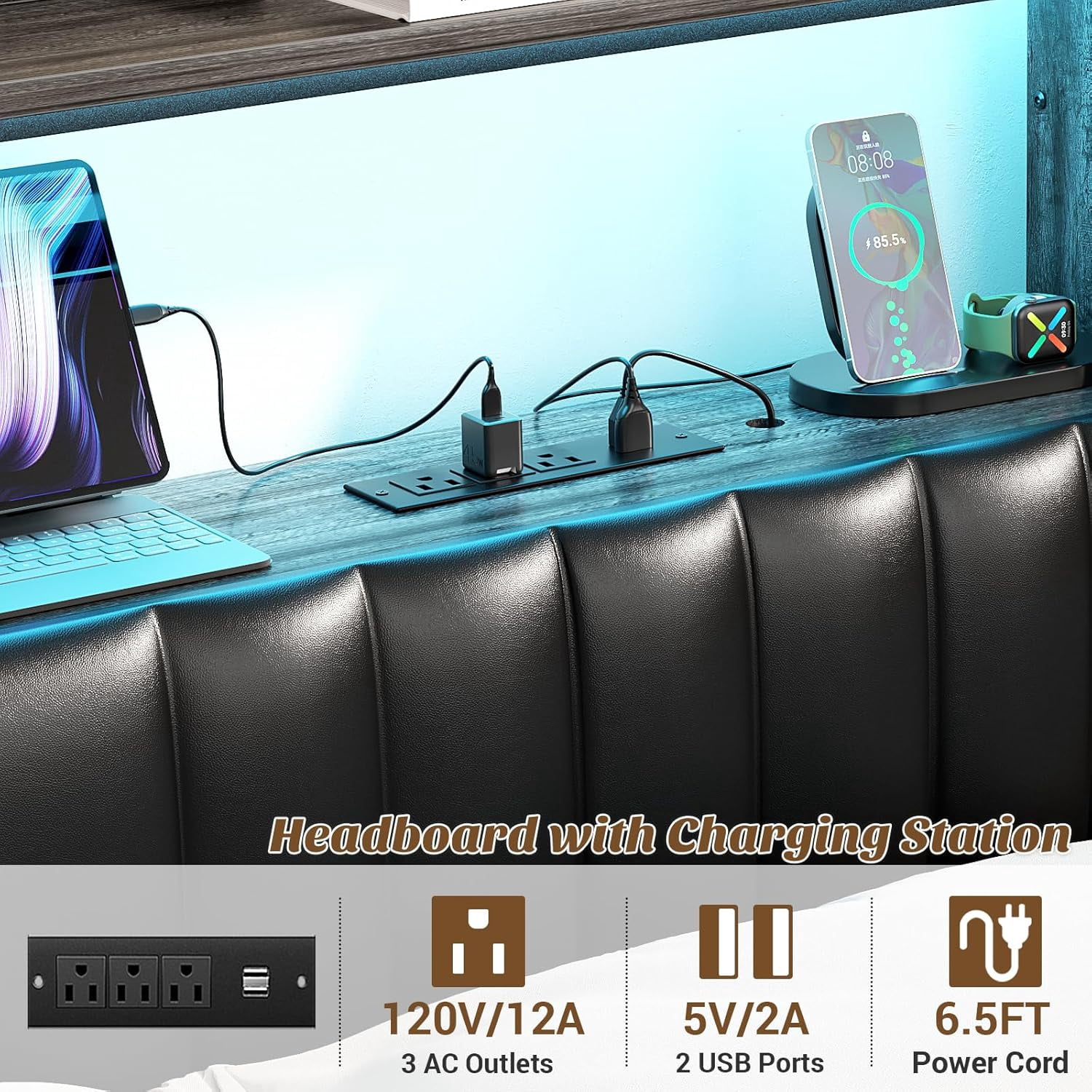 Homieasy Full Headboard with Drawer Storage and RGB LED Light, Full Size Upholstered Headboard with Charging Station and Bookcase, for Bedroom/Dorm Room/Guest Room, Black Oak