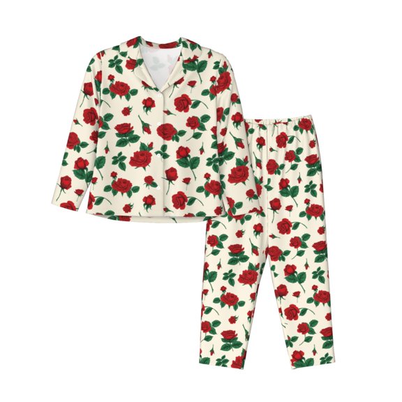 Honeii Rose Flowers print Women's Pajama Sets Long Sleeve Button Down Sleepwear Nightwear Soft Pjs Lounge Sets-Small