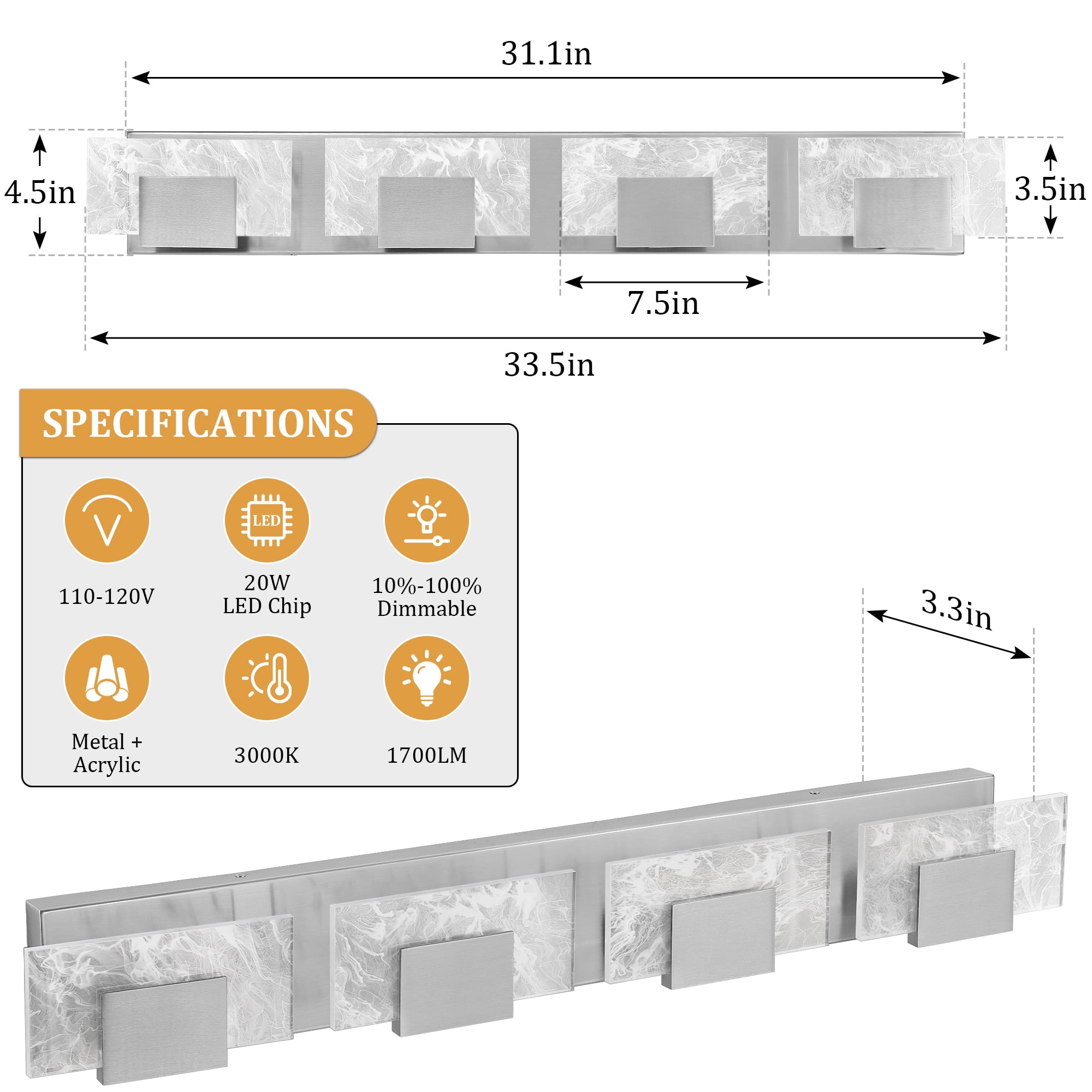 KAISITE 4-Light LED Modern Bathroom Lights over Mirror, Brushed Nickel Acrylic, Smoke Design, 3000K Wall Lights Fixture for Bedroom Living Room