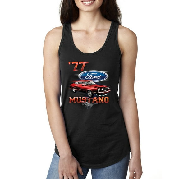 Wild Bobby, 1977 Ford Motors 77 Mustang Silhouette, Cars and Trucks, Women Racerback Tank Top, Black, Small
