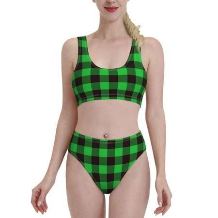 Bixox Buffalo Plaid Green Black Pattern Two-Piece Sports Bikini with U-Shaped Top and High-Waist Bottom - Women s Swimwear with Removable Bra Pads