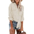 thumbnail image 2 of Women's Fall Shirt Striped Button Down Shirts Casual Roll Up Long Sleeve Stylish V Neck Blouses Tops with Pockets, 2 of 9