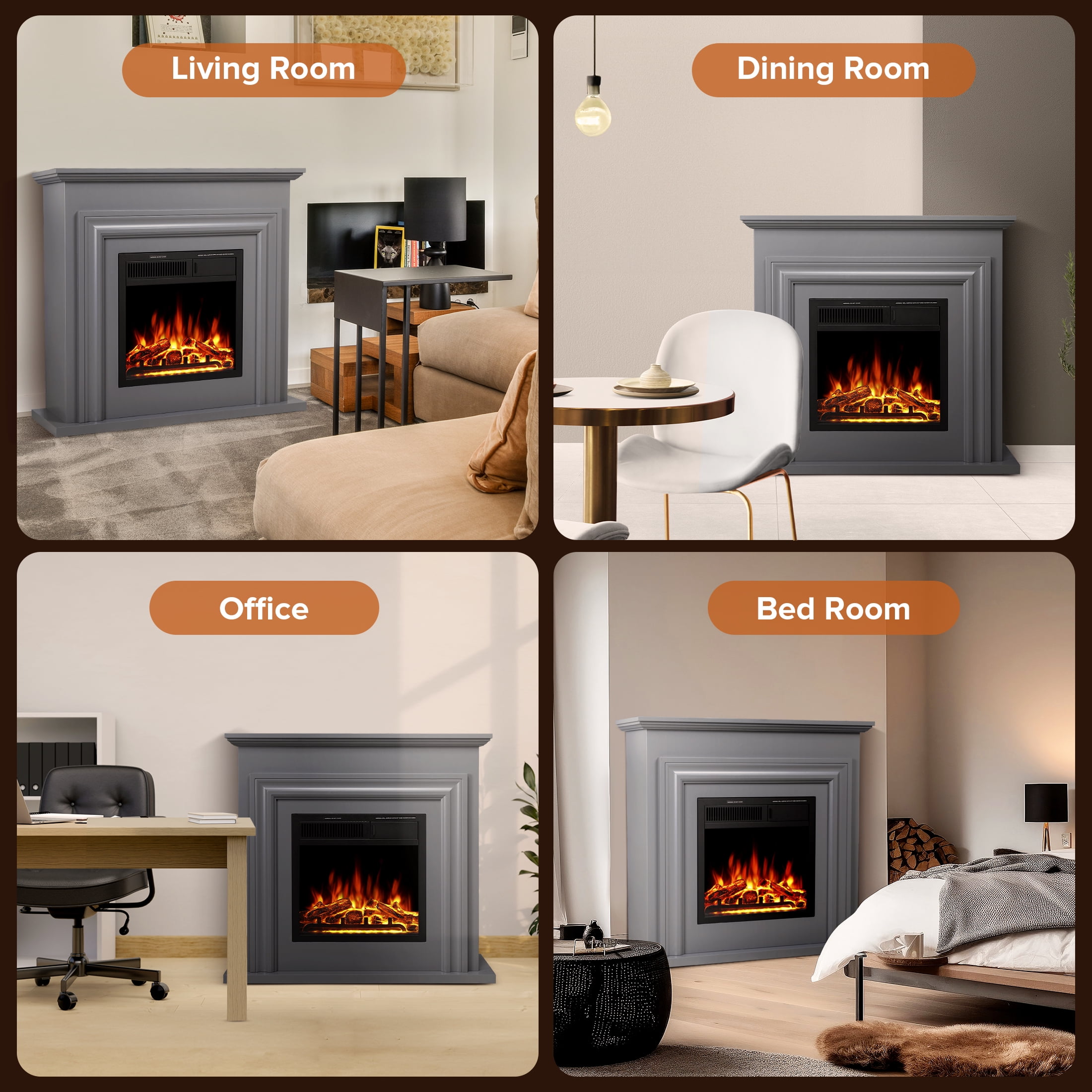 KISSAIR Electric Fireplace Mantel Wooden Surround Firebox, Free Standing Fireplace, with Remote Control, Adjustable LED Flame, 750W/1500W -Grey