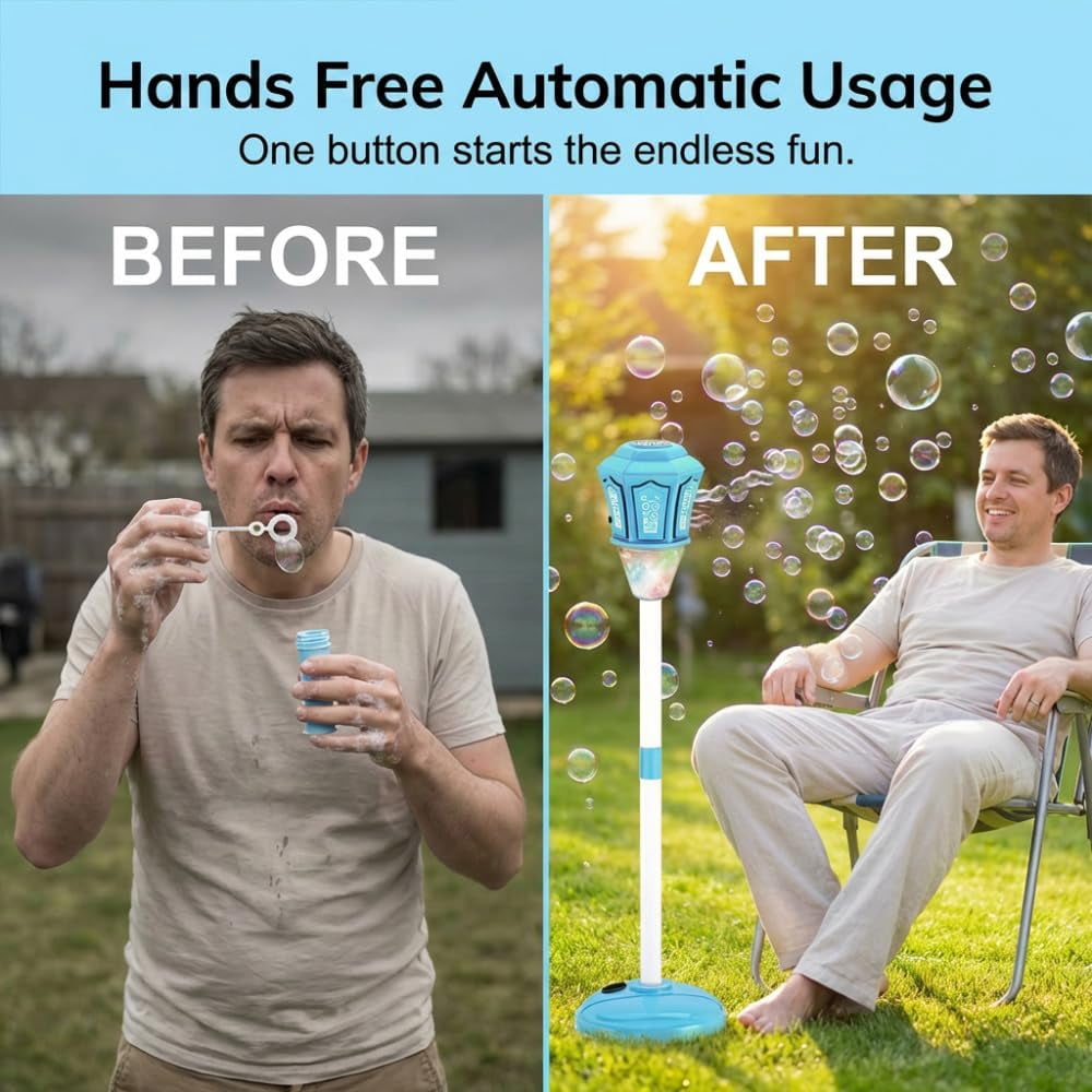 Automatic Bubble Machine, 2026 New Standing Bubble Maker Machine with Lights and Music and Remote, Adjustable Height Outdoor Bubble Blower Maker for Parties Birthday Wedding