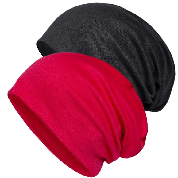 Cap, 2-Pack Cotton Slouchy Slouch Beanie Hat Indoor Hat Chemo Headwear for Men & Women（Black Red）