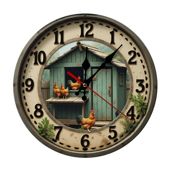 Chickens Farm Garden Wall Clock 10 Inch Silent Non Ticking Round Clock Decoration for Living Room Kitchen Bedroom Bathroom Office Classroom
