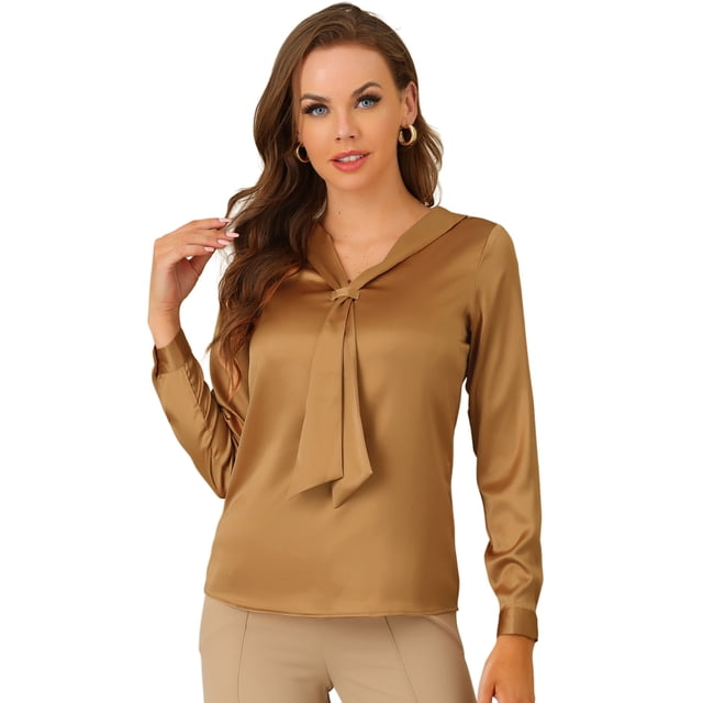 Camisa de Oficina de Trabajo para Mujer Allegra K Blusas de Satén Elegantes de Manga Larga con Cuello de Lazo Caqui S