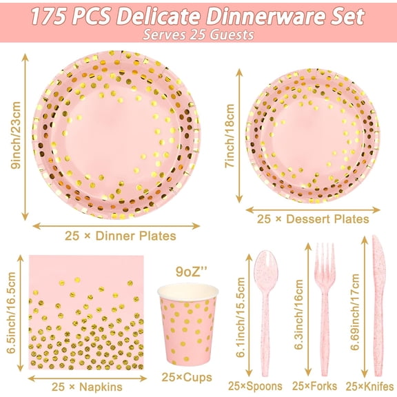SHILIU-175 Pcs Pink and Rose Gold Party Supplies, Serves 25 Pink Gold Foil Dot Disposable Dinner Tableware Set Gold Plastic Forks Spoons Knives Plates Napkins Cups Party Supplies for New Years Birthd