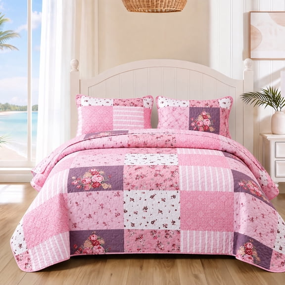 2/3pcs Pastoral Floral Patchwork Quilted Bedspread Set, 1 Quilt 1 or 2 Pillowcases, All-Season, Reversible And Machine Washable(Pink,Twin)