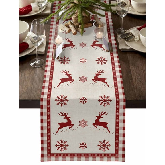 Christmas Table Runner Deer Snowflake Table Runners Red Buffalo Plaid Cotton Linen Dresser Scarf Kitchen Dining Table Decor for Christmas Holiday Party Decor 13x90 Inch