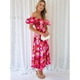 thumbnail image 2 of Women'S Summer Casual Midi Dress Puffy Short Sleeve Square Neck Smocked Tiered Ruffle Dresses Rose Red & Pink XL, 2 of 5