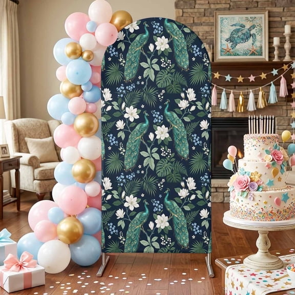 Green Peacock Arch Backdrop Covers 6 FT, Country Vintage Exotic White Blue Flowers Green Leaf Stretchy Fitted Arched Stand Covers Party Arch Stand Cover Photo Booth for Wedding Birthday Decor