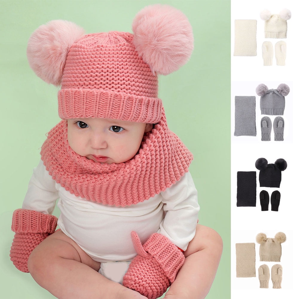 Dengjunhu Baby Winter Hat Scarf Glove Beanie Set Girls Boys Pom Pom