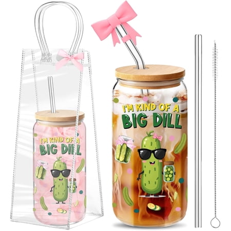 3 Pcs Pickle Gifts Set for Women Pickle Lovers Themed Birthday Gift | 16 oz Glass Cup with Lid & Straw Reusable Pink Bow Silicone Straw Toppers Clear Gift Bag for Women Party Supplies