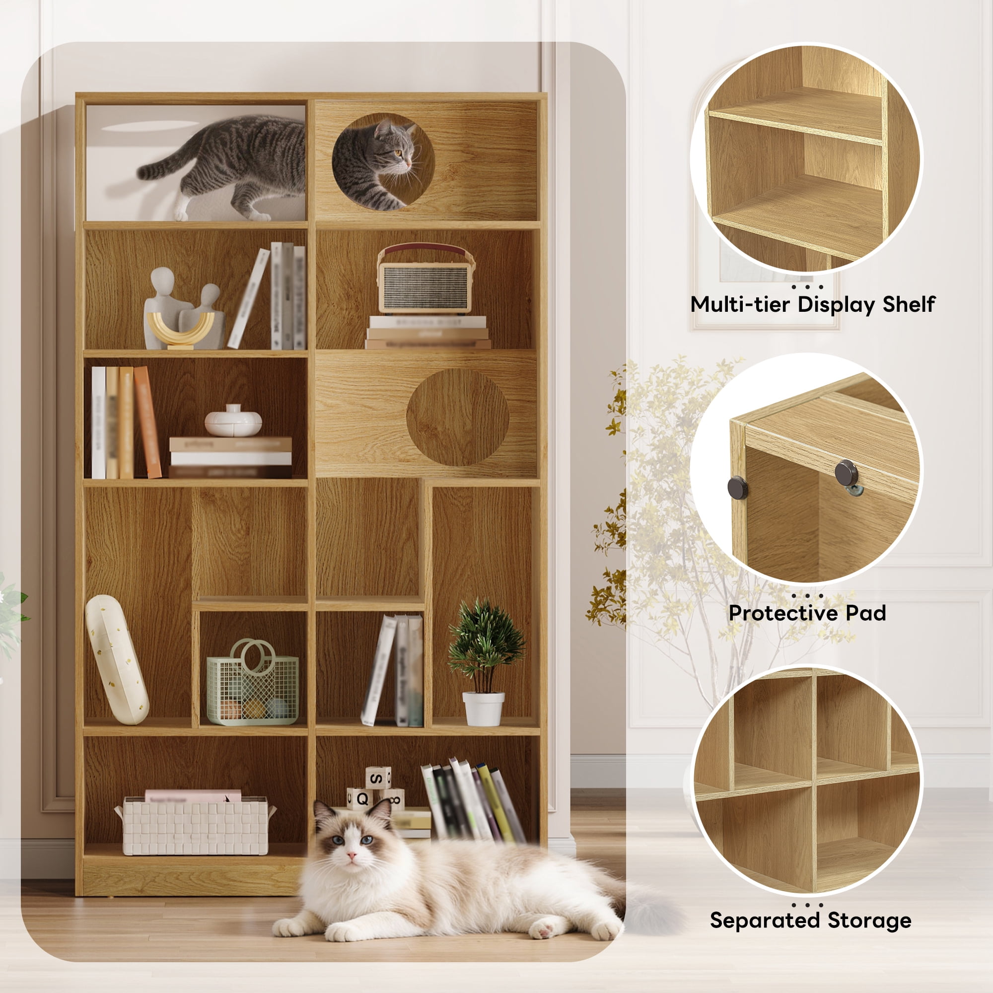 Euroco 2 in 1 Wood Bookshelf Cat House, Modern Cat Tree Display Case with Storage,Built-in Cat Houses and Pass-Through Cat Holes,Cat Litter Box Enclosure Climbing Shelf,Natural