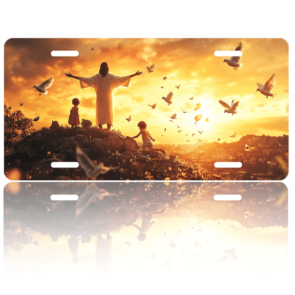 1 Pcs 2D Flat License Plate Covers & Frames, Jesus and Children For Decorative Front, Waterproof For Decoration Aluminum License Plate Covers & Frames Cover For Men Women, 12" X 6"