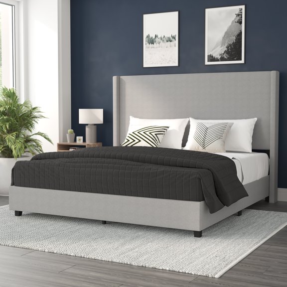 BizChair King Upholstered Platform Bed with Channel Stitched Wingback Headboard, Mattress Foundation with Slatted Supports, No Box Spring Needed, Gray