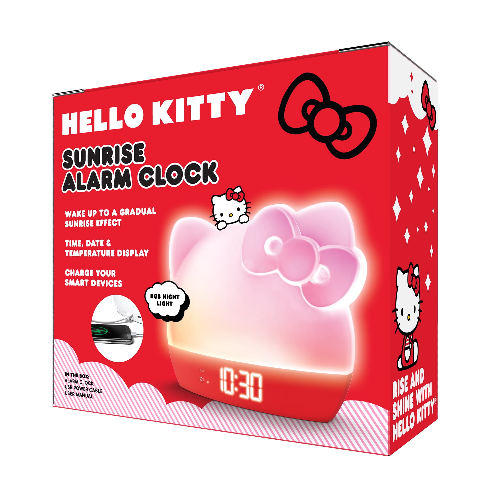Hello Kitty Sunrise Alarm Clock with Wake-Up Light, RGB Color-Changing Night Light & Ambient Lamp, LED Time/Date/Temperature Display, USB Powered with Device Charging Port (Red)