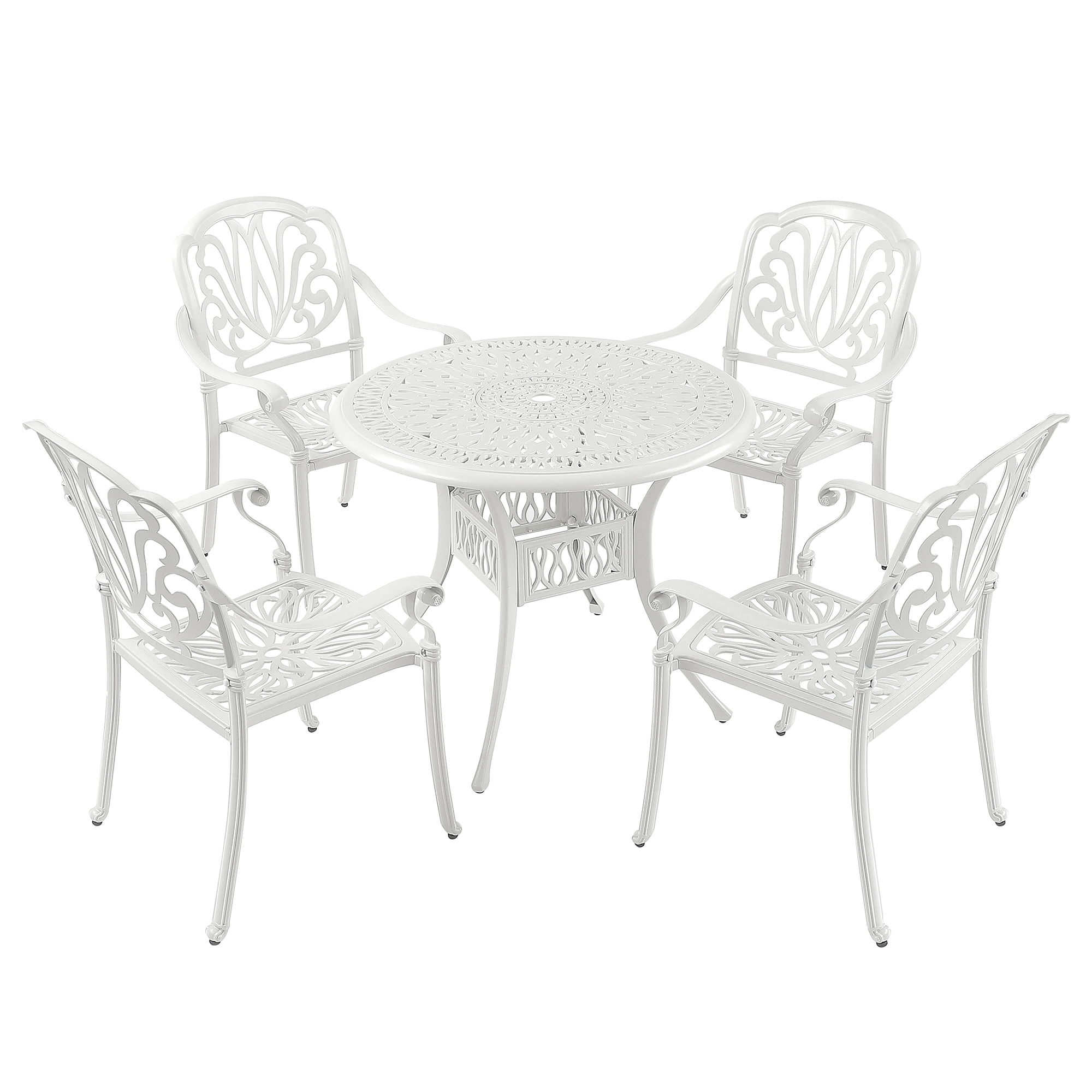 Kadyn 5PCS Outdoor Furniture Dining Table Set, All-Weather Cast Aluminum Patio Furniturev with 1 Round Table, 4 Chairs and Umbrella Hole, Outside Patio Table and Chairs for Patio Garden Deck, White Kadyn 5PCS Outdoor Furniture Dining Table Set, All-Weather Cast Aluminum Patio Furniturev with 1 Round Table, 4 Chairs and Umbrella Hole, Outside Patio Table and Chairs for Patio Garden Deck, White