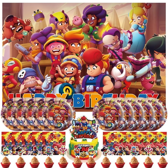 34 Piece For Brawl Stars Games Themed Celebration Birthday Decor Set – Includes Backdrop, Cake Topper, 12 Cupcake Toppers, 10 Paper Plates, and 10 Napkins for Party Favors and Events