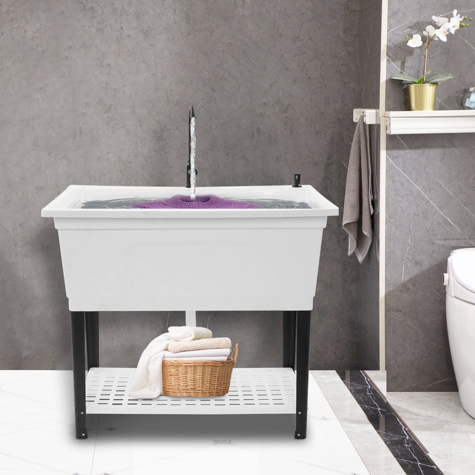 White PP Kitchen Sink 101.4x60x38cm Independent Heavy-Duty Sink Household Multifunctional Drain Basin