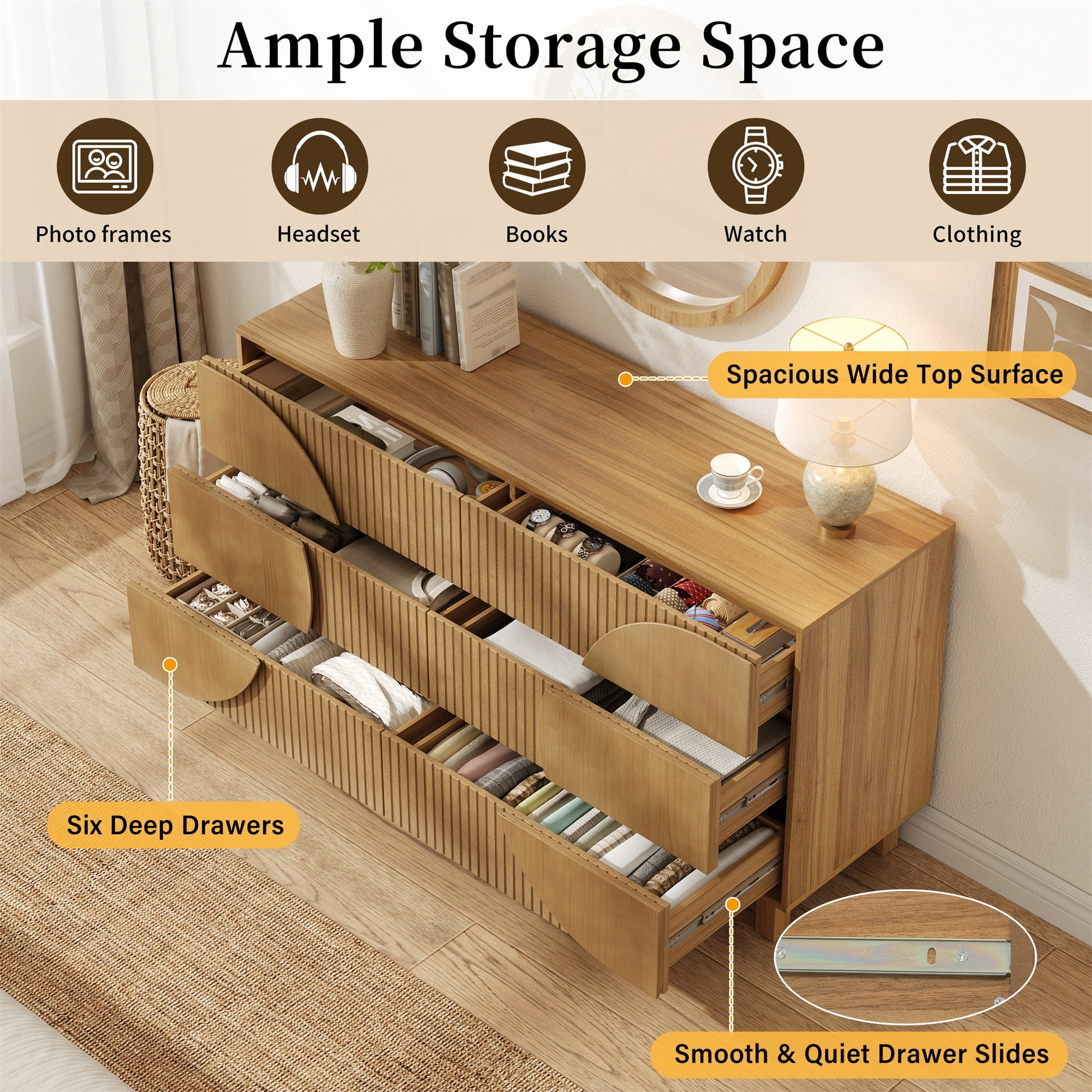 Alvantor 6 Drawer Dresser, 60" Wide Wooden Chest of Drawers with Upgraded Stable Base, Fluted Dresser for Bedroom Brown