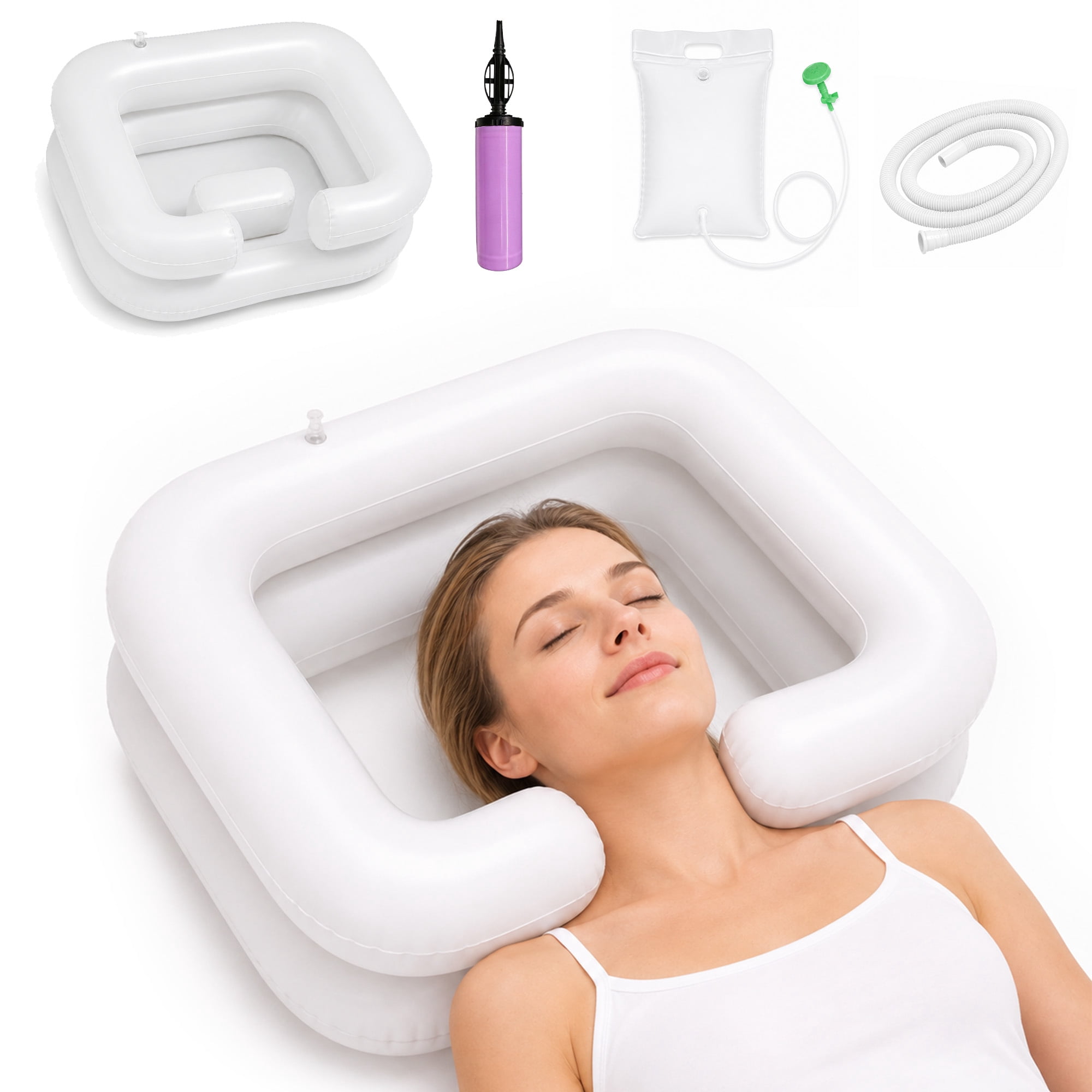 Inflatable Shampoo Basin, Bed Side Hair Washing Basin Kit with Water Bag, Air Pump & Drainage Tube, Portable Inflatable Hair Wash Tub for Elderly, Disabled, Pregnant Women
