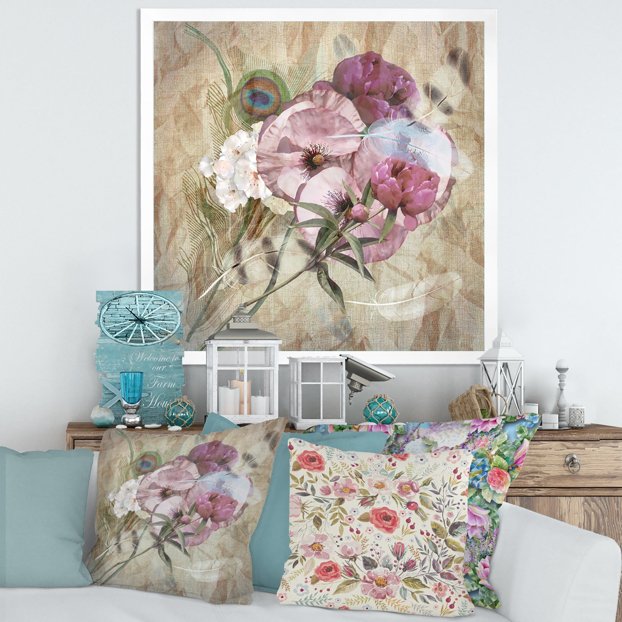 Designart 'Iris Bouquet Floral Design With Peacock Feather' Traditional Framed Art Print