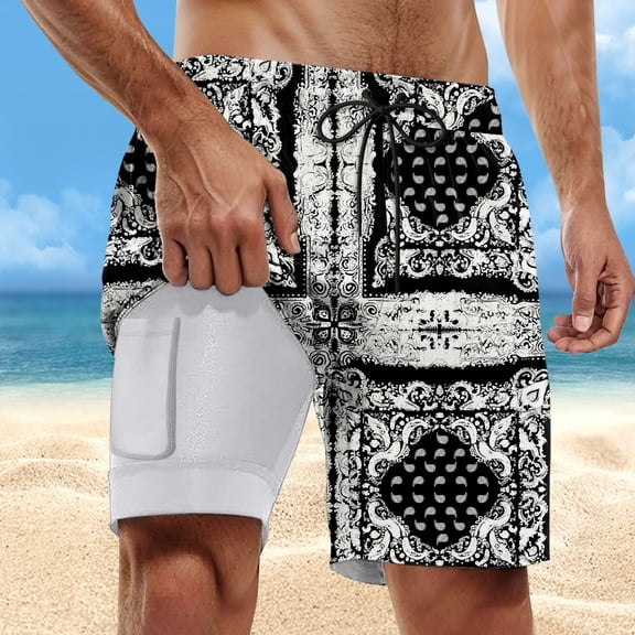 CONZONE Mens Swim Trunks With Stretch Liner Hawaiian Graphic Y2K Board Shorts for Men Elastic Waist Drawstring Lightweight Quick Dry Summer Beach Swim Shorts With Pocket