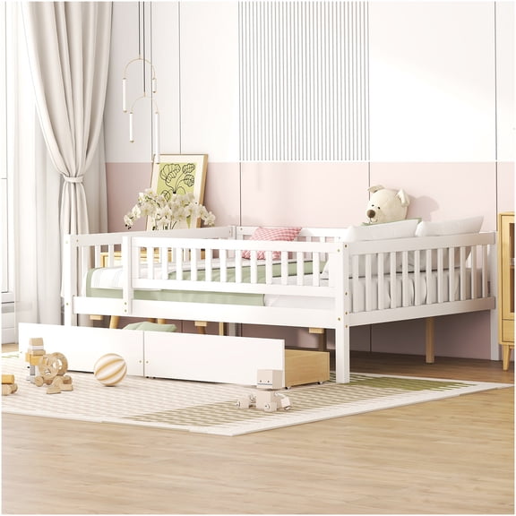 Full Size Daybed with Storage Drawers, White Solid Wood Sofa Bed for Living Room, Guest Room