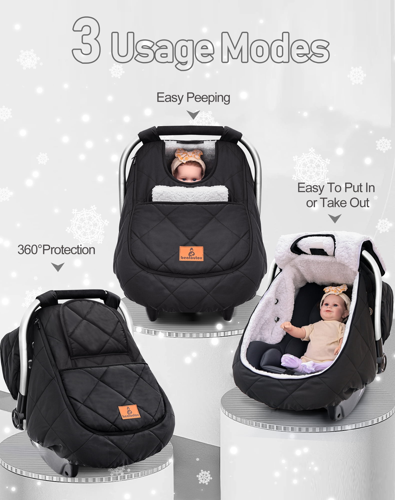 Winter Baby Car Seat Cover, Waterproof Winter Infant Carseat Canopy for Boys Girls, Cold Weather Warm Car Seat Covers for Babies, Keeps Babies Warm and Cozy (Black)