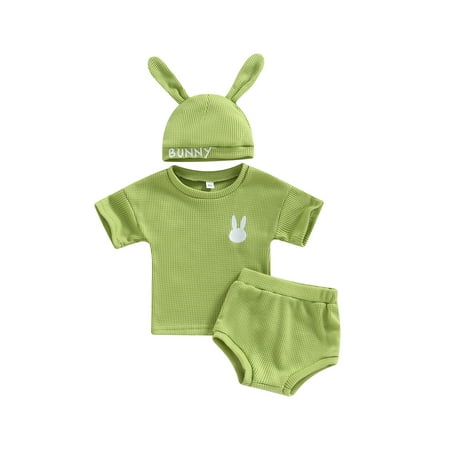 

Bmnmsl Easter Baby Rabbit Embroidery Short Sleeved Waffle T-shirt Shorts Hat Set