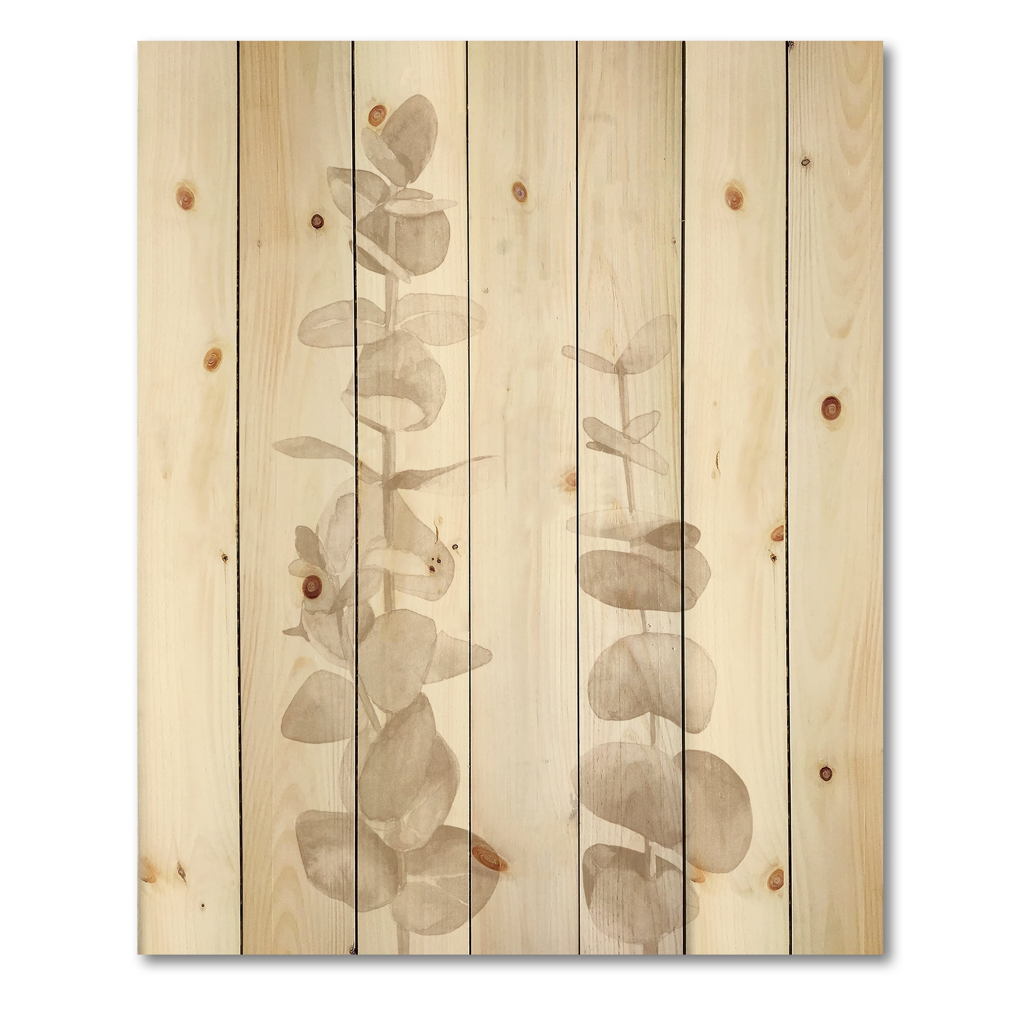 Designart 'Grey Eucalyptus Branches On White' Traditional Print on Natural Pine Wood