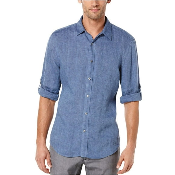 Camisa Perry Ellis para Hombre con Mangas Enrolladas 100% Lino Azul Delft