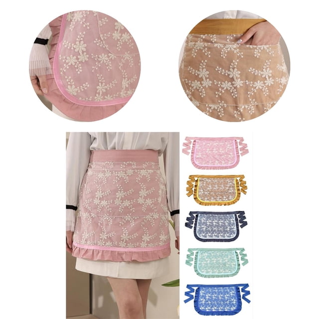 Waist Apron Soft Touch Oil-proof Lace Embroidered Women Server Waitress Short Half Apron with 2 Pockets for Kitchen