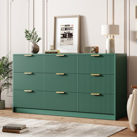 Eastvita 9 Drawers Dresser for Bedroom - 59" Wide Modern Fluted Chest of with Golden Metal Handles Forest green