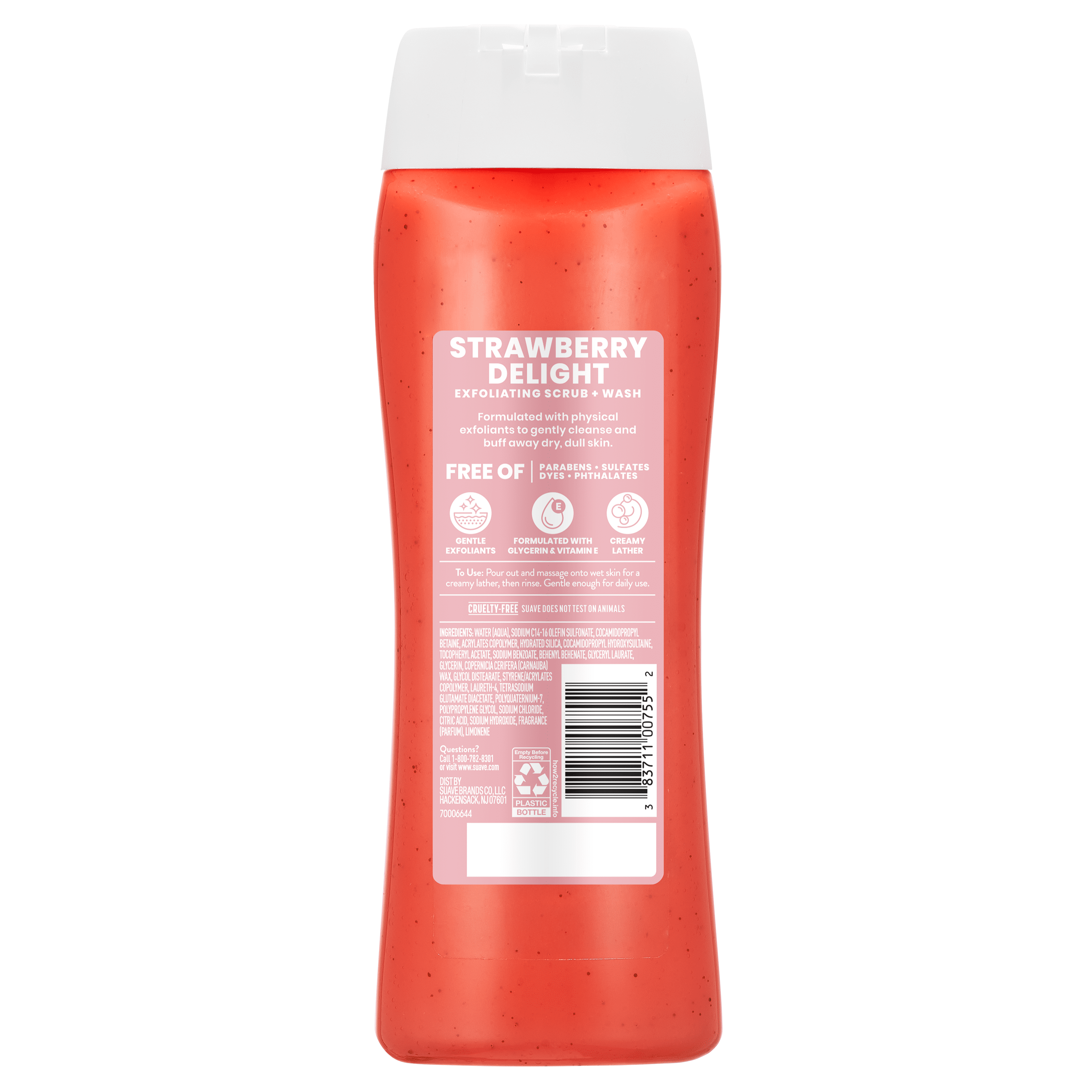 (6 pack) Suave Strawberry Delight Exfoliating Body Wash & Scrub with Glycerin & Vitamin E, Sulfate-Free Hydrating Cleanser for Soft, Smooth Skin, 18 fl oz