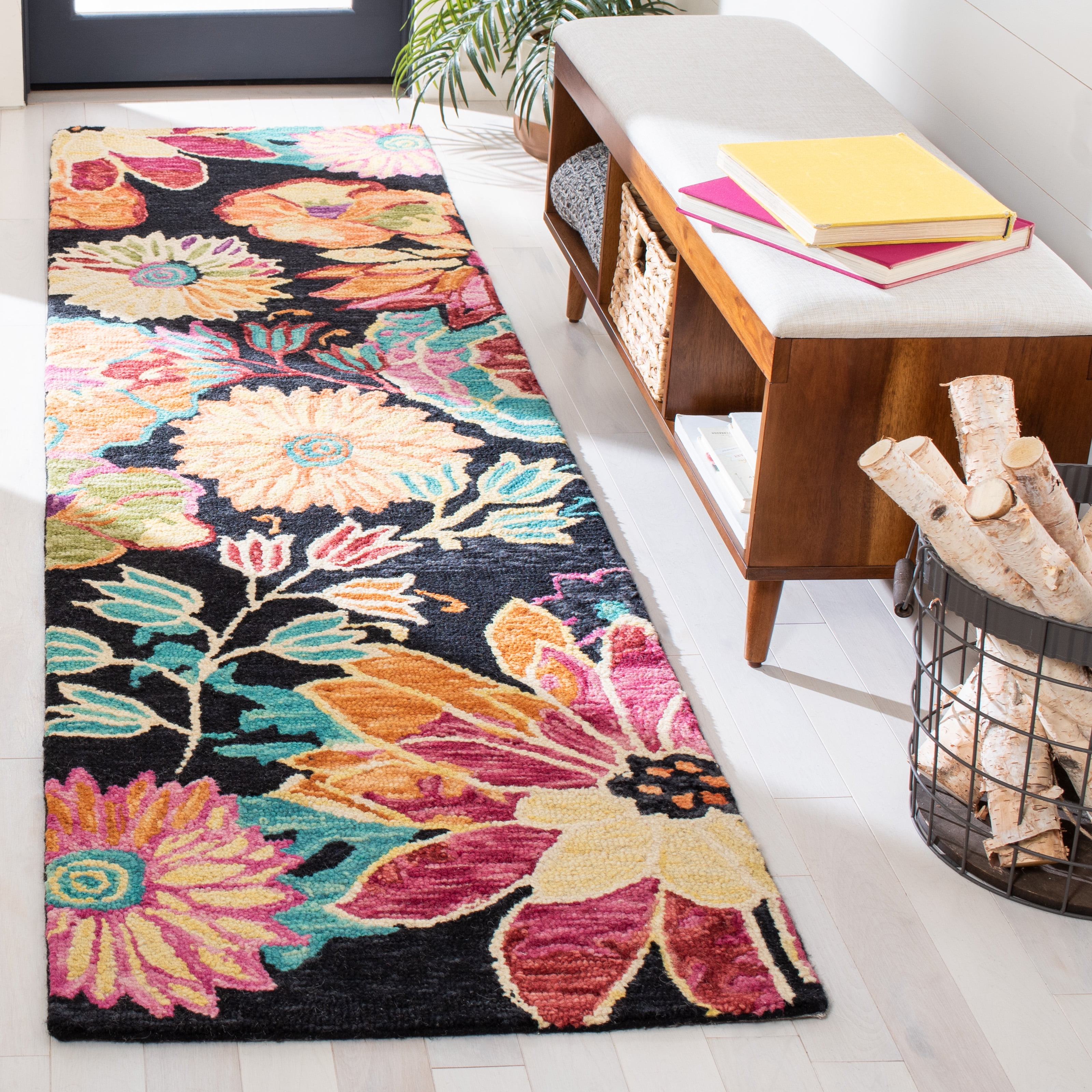 SAFAVIEH Aspen Candelario Colorful Floral Wool Runner Rug, Charcoal/Blue, 2'3" x 13'