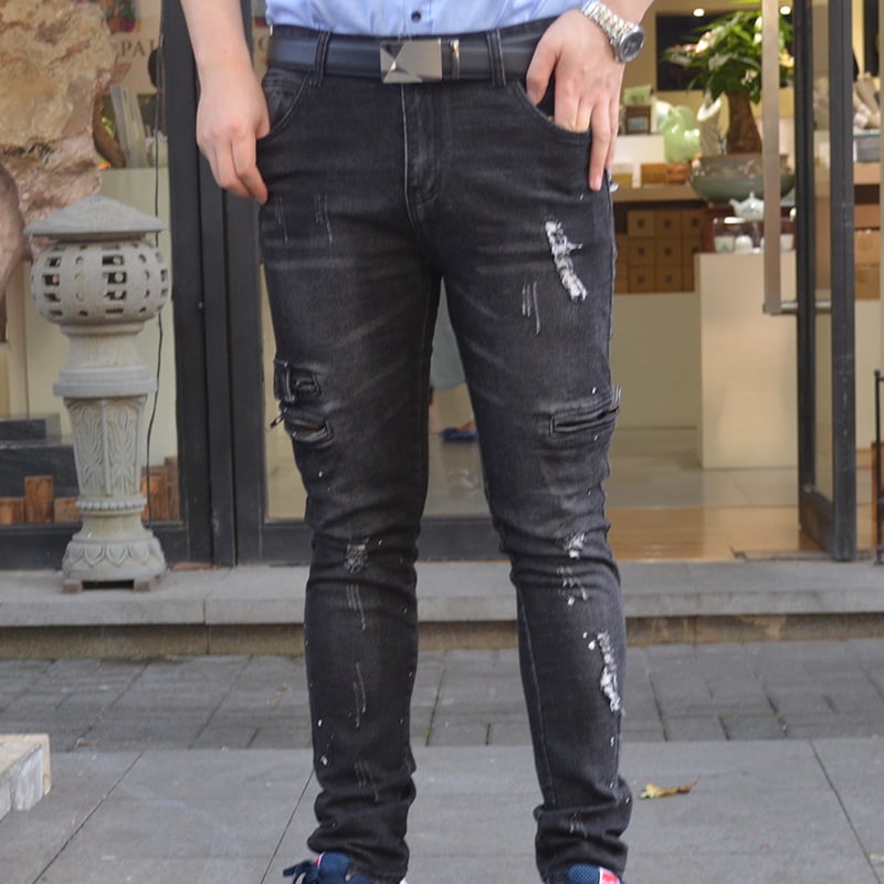 iYYVV Mens Skinny Stretch Denim Pants Distressed Ripped Frayed Slim Fit Jeans Trousers 