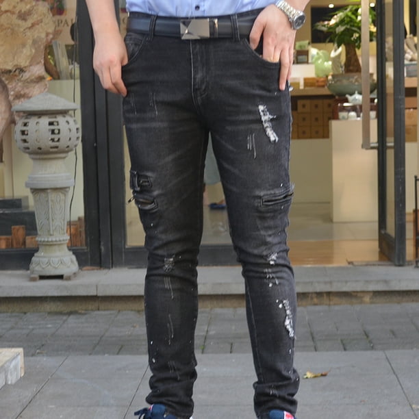 Mens Ripped Jeans Black Slim Fit Motorcycle Jeans Men Vintage Distressed Denim Jeans Pants Walmart Com Walmart Com