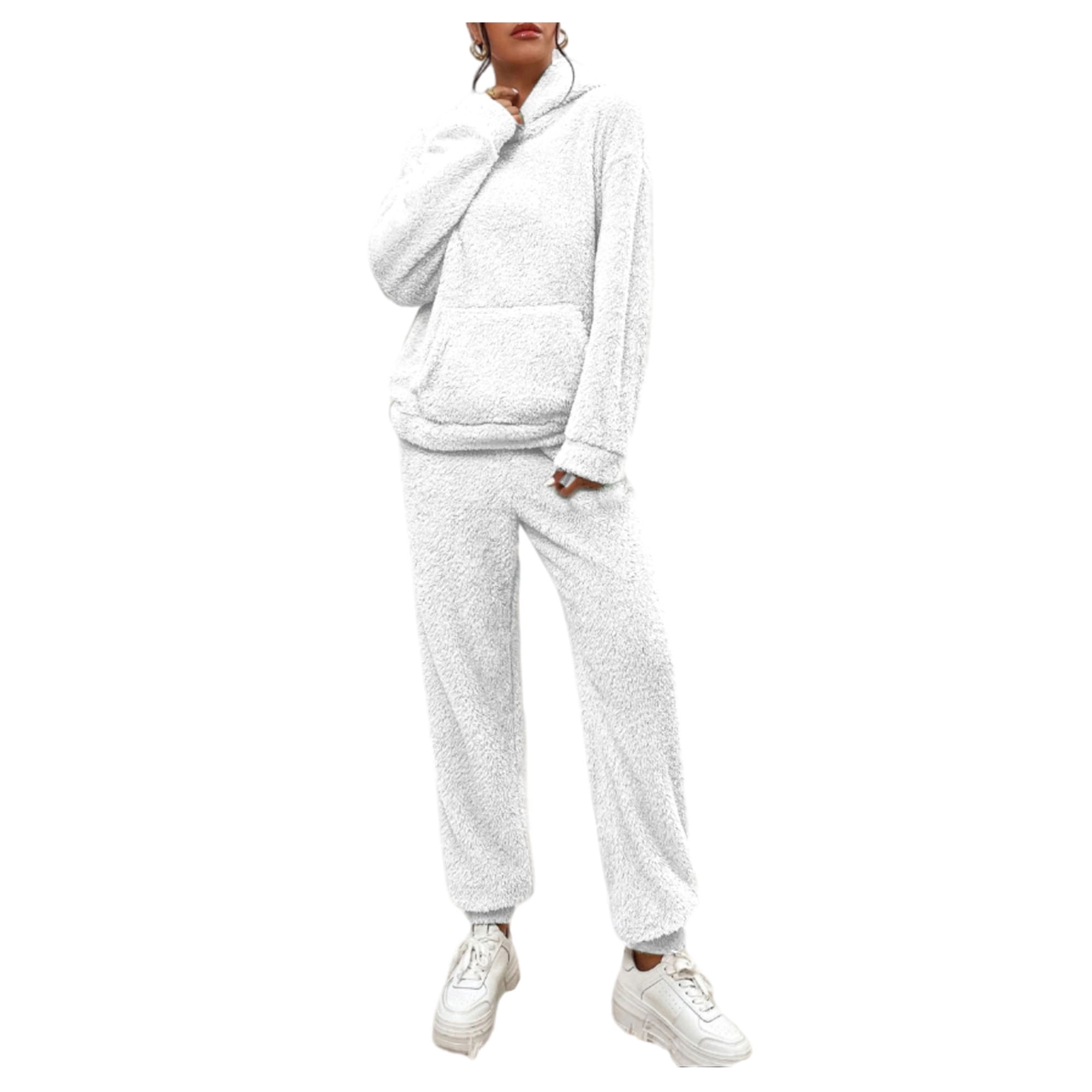 UKAP Women Pajamas Long Sleeve 2 Piece Outfit Fleece Lounge Sets Casual Sleep Pjs White L