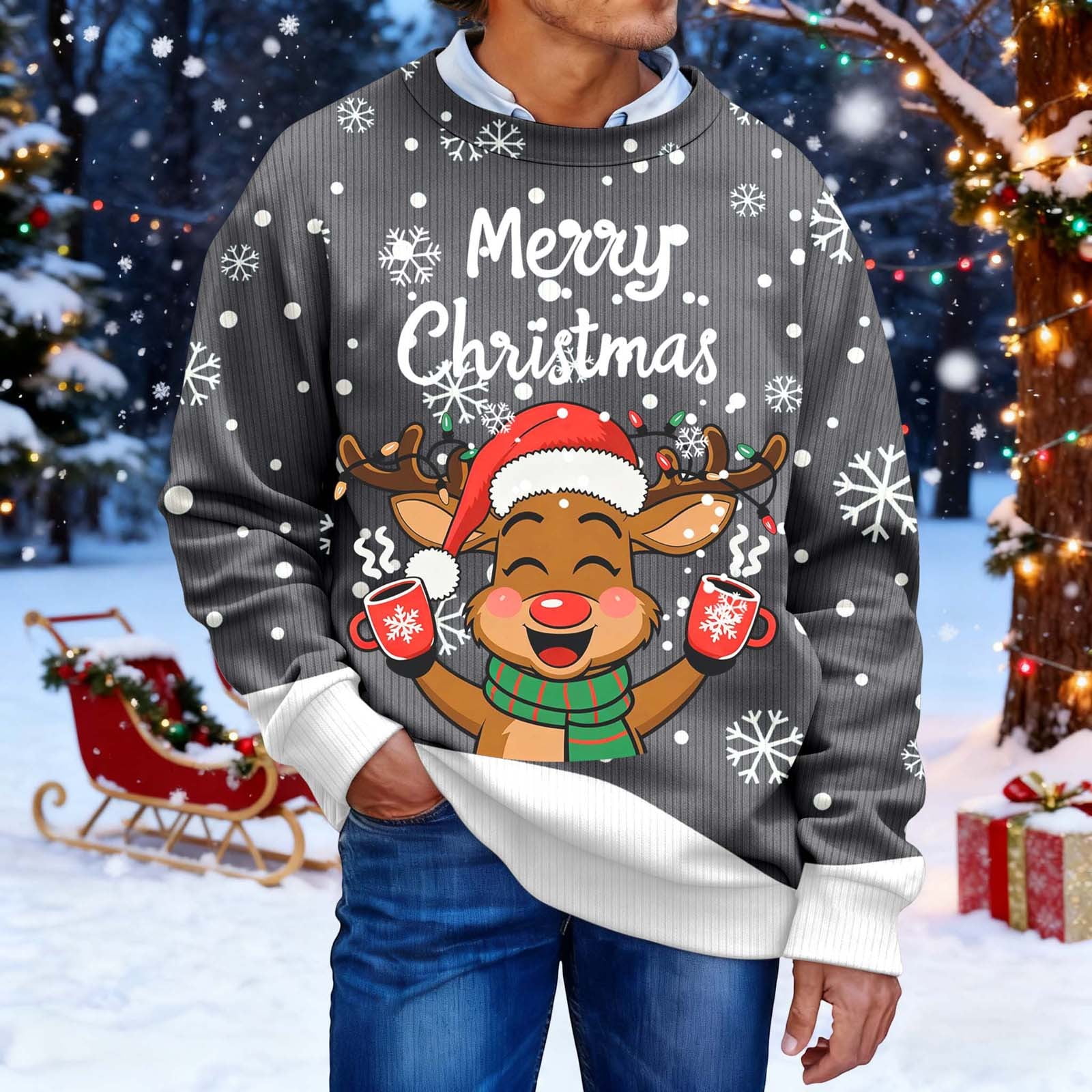 Christmas Sweater Men Sweaters Funny Sweatshirt Knit Plus Size Big and Tall Holiday Vacation Elf Adult Sweatshirts