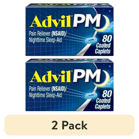 (2 pack) Advil PM Sleep Aid Pain Relievers, Ibuprofen, Diphenhydramine, Coated Caplet, 80 Count