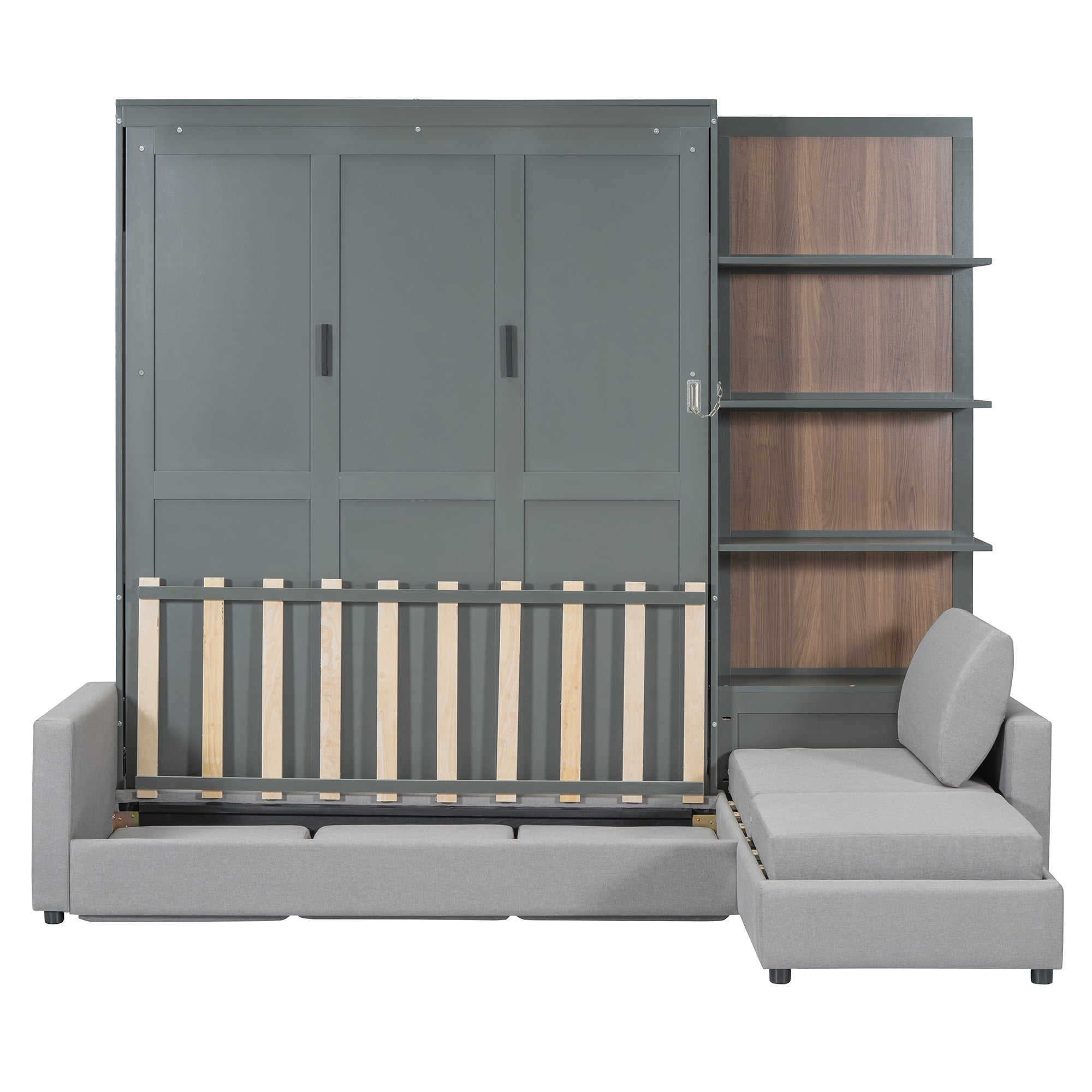 Queen Size Murphy Bed with L Shape Sofa and Open Shelves,Space-Saving for Small Space, Guest Room