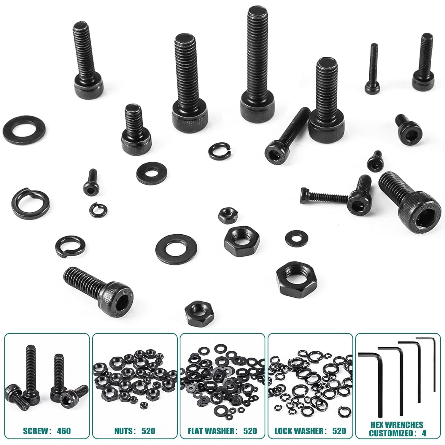 2024 Pcs Metric Screw Assortment, Bolts and Nuts Assortment Metric Machine Screw Assortment M2 M3 M4 M5, 12.9 Alloy Steel Black Zinc Plated Hex Socket Head Screws Nuts Bolts and Washers Set