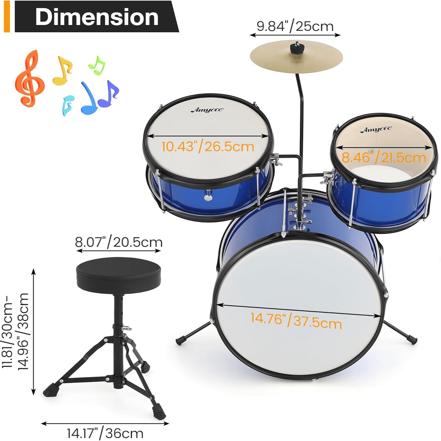 Drum Set for Kids Beginner Set with Bass, 2 Toms, Cymbal, Sticks, Bass Pedal and Stool Percussion Musical Instrument Birthday Playsetl