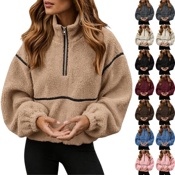 Women's Half Zip Fleece Pullover, Long Sleeve Oversized Teddy Sherpa Jacket, Casual Stand Collar Warm Winter Top Khaki XL