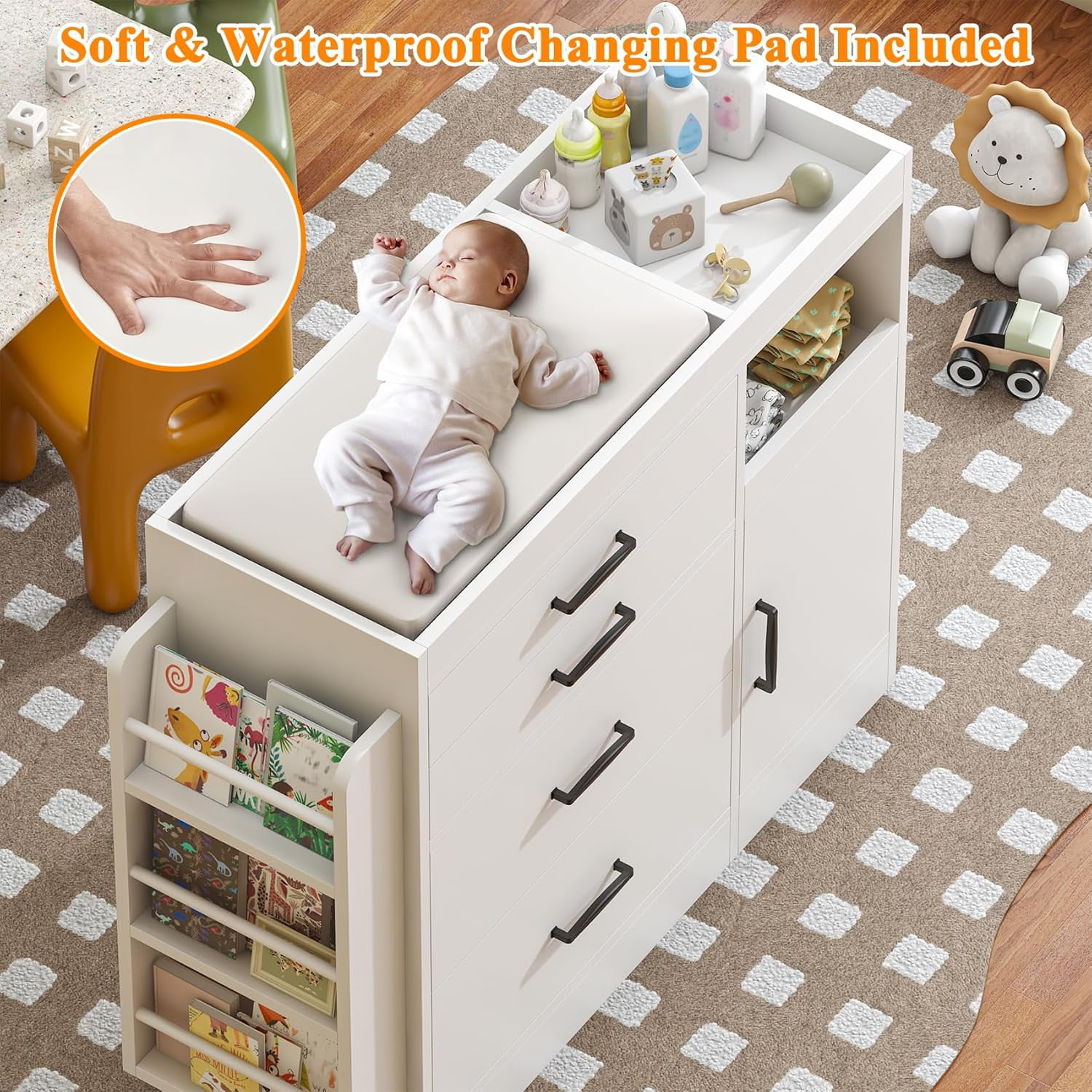 Winkalon Changing Table Dresser, Baby Nursery Dresser with 4 Drawers & 1 Cabinet & 3 Open Shelves Storage, Modern Diaper Changing Station for Children's Room, Changing Pad Included, White